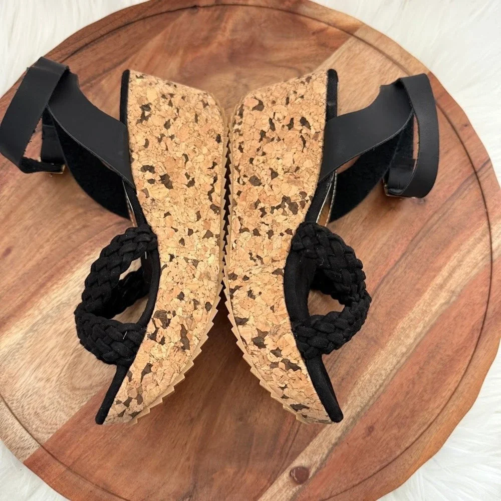 Alicia Leon Black Braided Platform Wedge Size 6 Sandals Cork Heel LIGHT WEIGHT